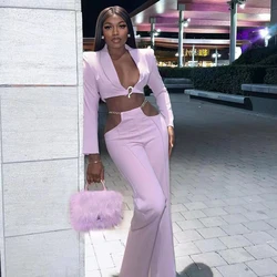Women's Suits Fashion Party Dress Autumn Evening Dress Hollow Out Sexy White Chain Long Sleeve V-Neck Top Suit Celebrity Party