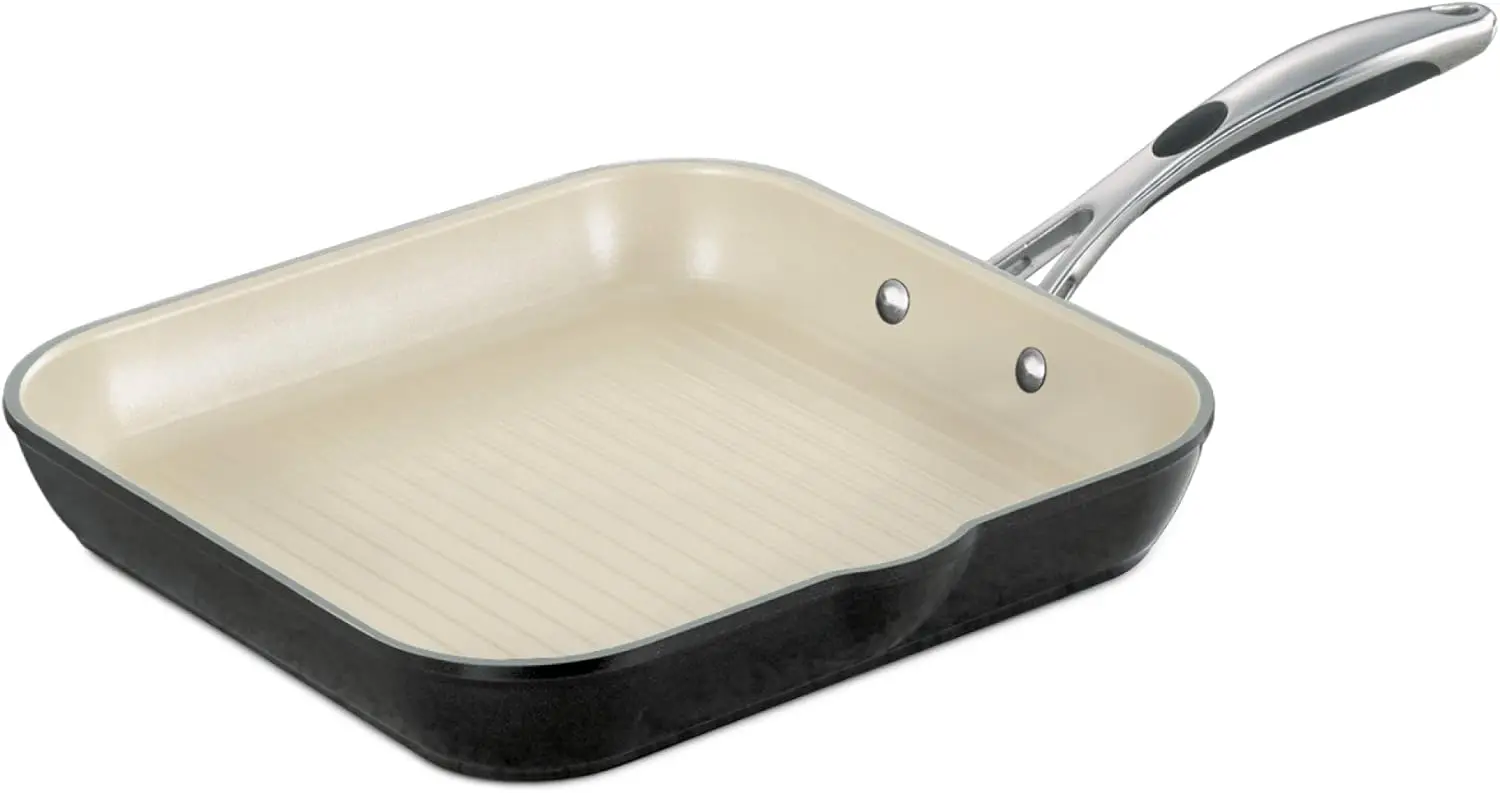

Gourmet Ceramica Deluxe Aluminum Square Grill Pan, Non Stick Pan with Ceramic Interior, 11-inch, Metallic Black, Made in Italy