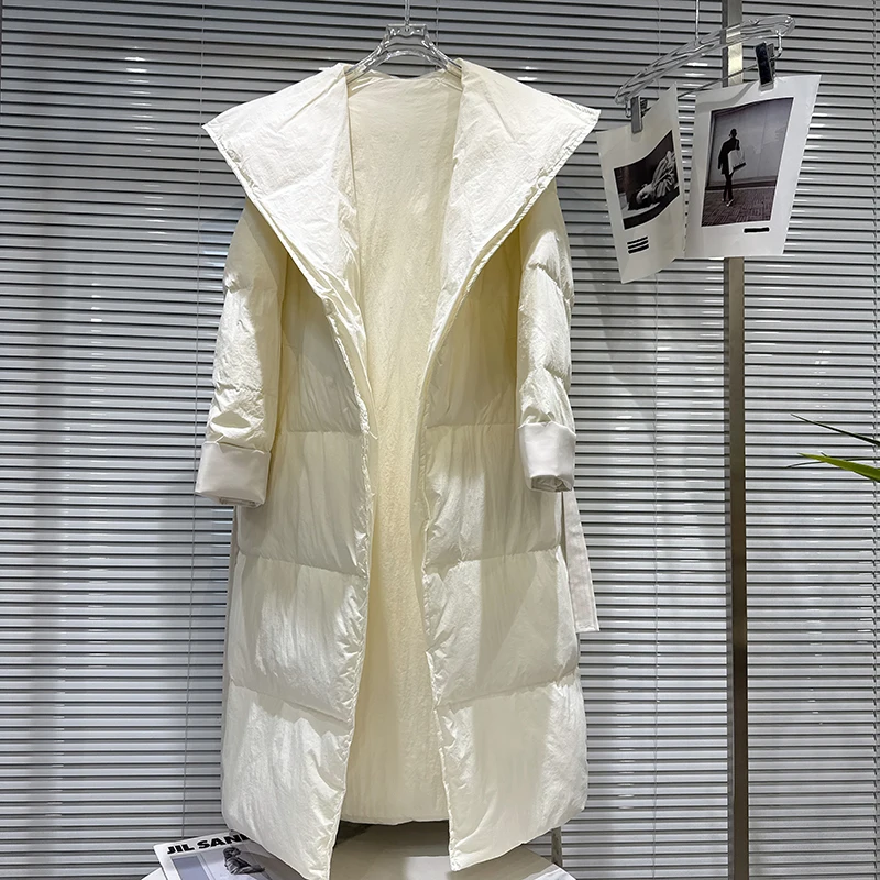 2025 شتاء جديد النمط الفرنسي كبير التلبيب طوق الدانتيل متابعة الخصر تصميم طويل نمط أسفل سترة المرأة مزاجه معطف دافئ