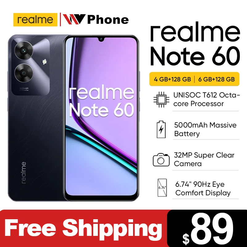 realme Note 60 Smartphone 32MP Camera 6.74'' 90Hz Display 5000mAh Battery 128GB IP64 Powerful Octa-core Chipset