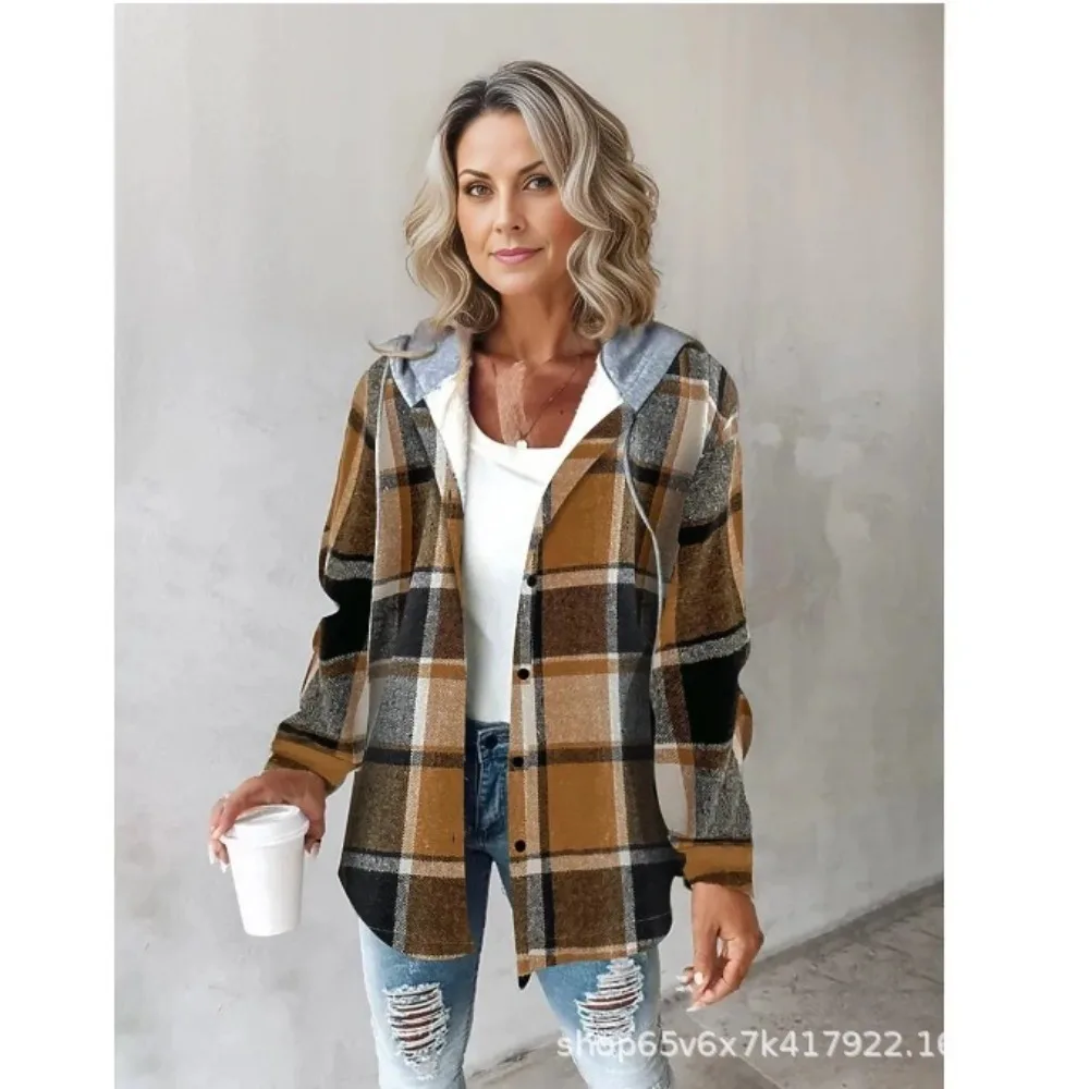 Fall Winter Women's Flannel Plaid Shacket Long Sleeve Button Down Shirts Jacket Coats with Side Pockets