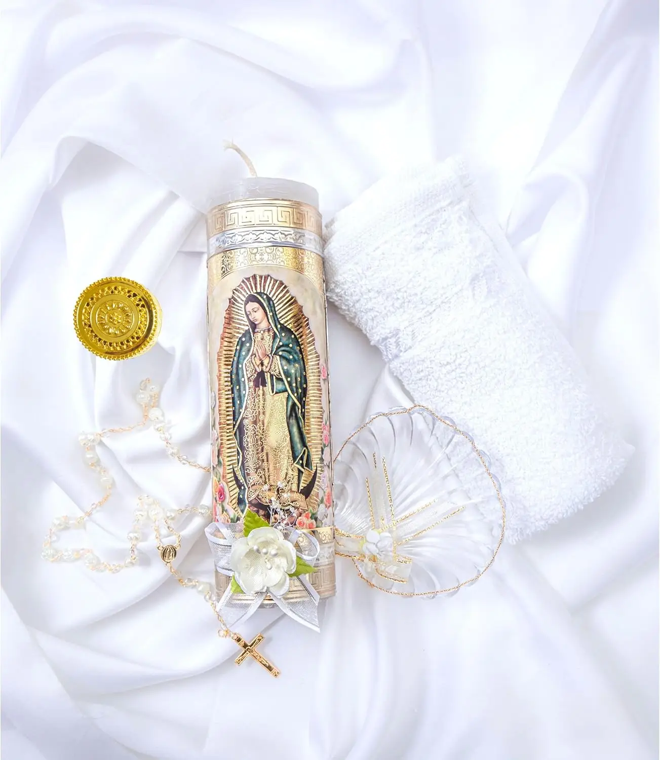 

Набор свечей для крещения с металлическим держателем для свечи с изображением Девы Гваделупской — Velas para