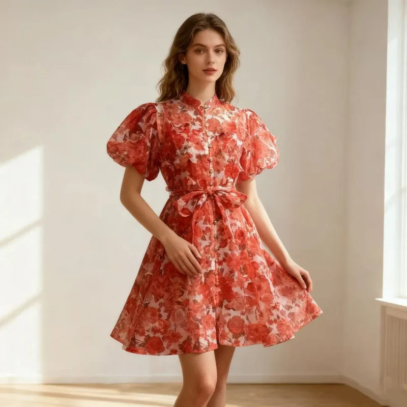 Nouveau Street Sle taille haute ort soie Tfeta Dr avec nœud papillon perceuse embelli imprimé fleuri t-shirt couleur femmes Dr