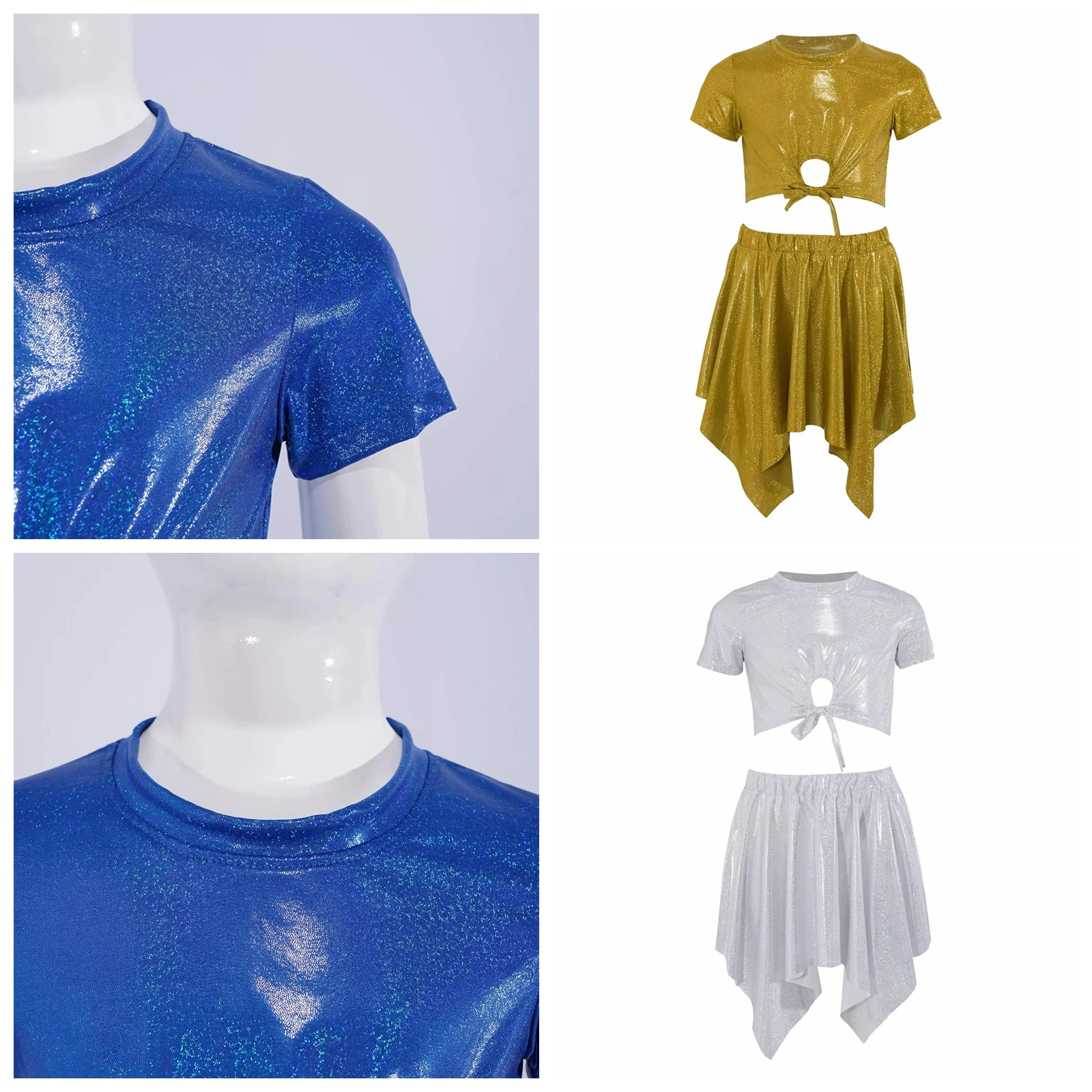

Girls Metallic Hip Hop Costume Childs Asymmetrical Skirt Disco Suits Kids Music Festival Cheerleading Street Jazz Dance Outfit