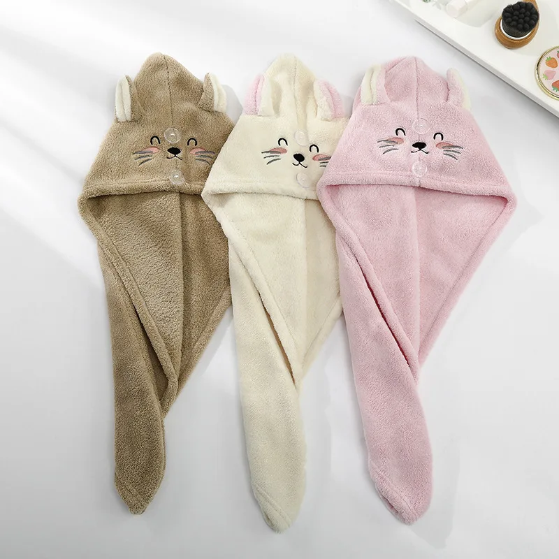 Cute Cat Hair Cap Microfiber Hair Towel Long Hair Quick Dry Hat Bath Towel Strong Water Absorbent Women Wrap Wiping Hair Towel