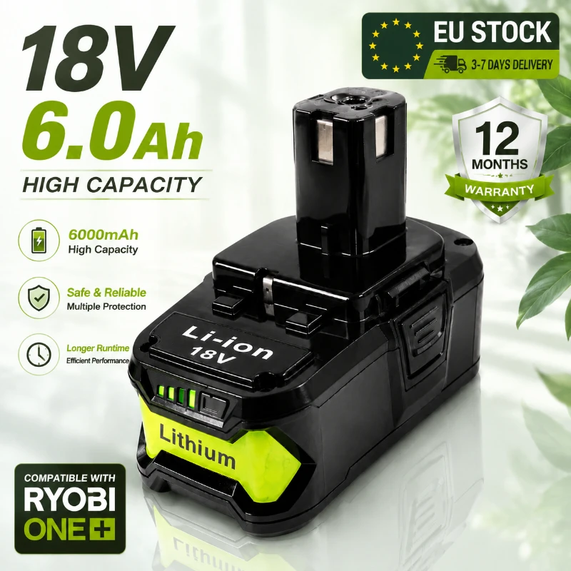 Batterie au lithium 18V 6.0Ah pour outils RYOBI ONE+ P108 P109, batterie rechargeable haute performance, sans effet mémoire, faible autodécharge, longue autonomie, protection sécurisée, compatible avec tous les outils 18V ONE+, livraison rapide depuis l'entrepôt de Pologne (UE)