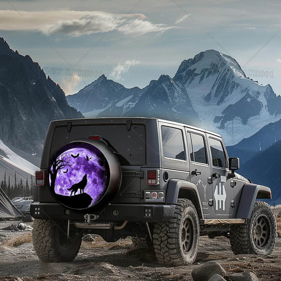 할로윈 테마의 보라색 달늑대 스페어 타이어 커버는 트럭 RV 자동차용 방풍 방진 자외선 방지 타이어 보호 장치에 적합합니다.