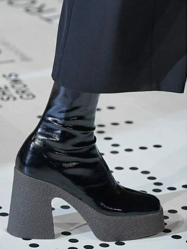 

Новые стильные женские сапоги на массивном каблуке с квадратным носком, эластичные, на платформе, высокие, модные, для женщин