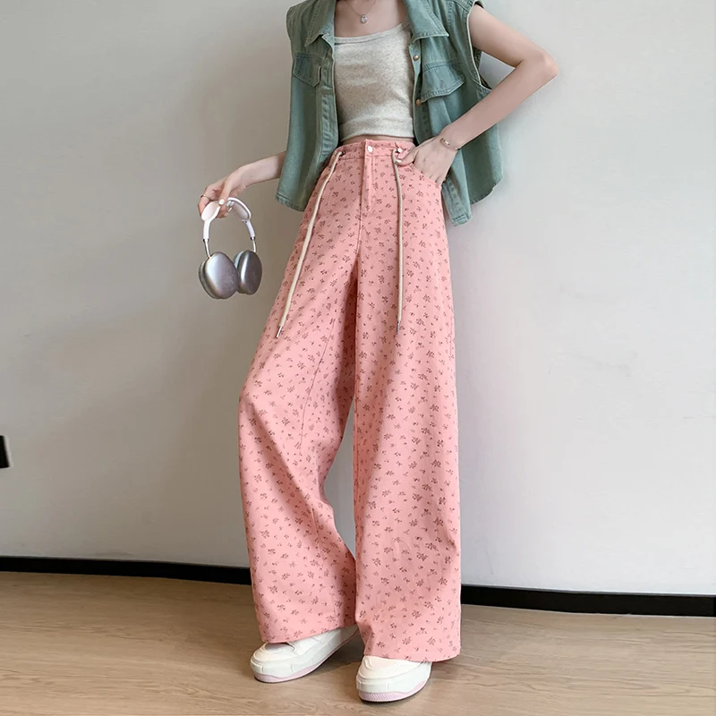 2024 New Arrival Spring Summer Casual Loose Full Length Women's Pants All-matched Elastic Waist Floral Print  Wide Leg Pants V29