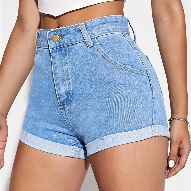 Women's Pure Color Cuffed Short Jeans PD08278 Summer Fashion Wish No Stretch Denim  Shorts Blue Color Other Process