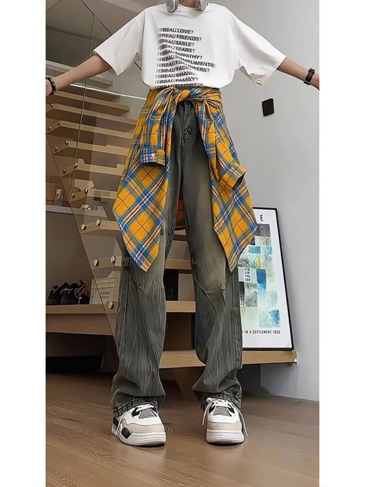 

Мужские джинсы Waed с винтажным волнообразным узором, прямые, зауженные, расклешенные, в американском ретро-стиле, молодежные, модные, из хлопкового денима