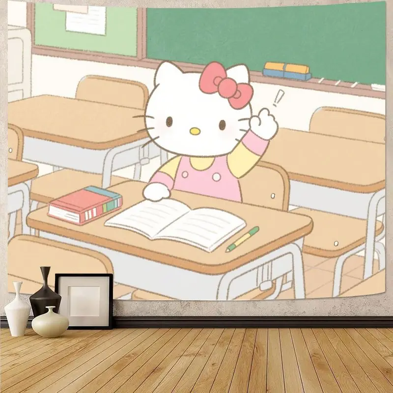

1 шт. гобелен Sanrio Hello Kitty Classroom, настенное искусство Kawaii Pink Girl, милый декор студенческого общежития, эстетический подарок из полиэстера для фанатов