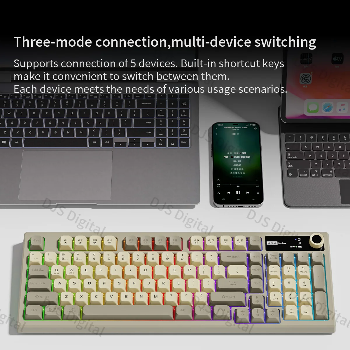Lenovo K280 Tri-Mode Wireless Multi-Device Switching Keyboard Ergonomic Design Rgb Light Gaming Keyboard for Pc Laptop Desktop