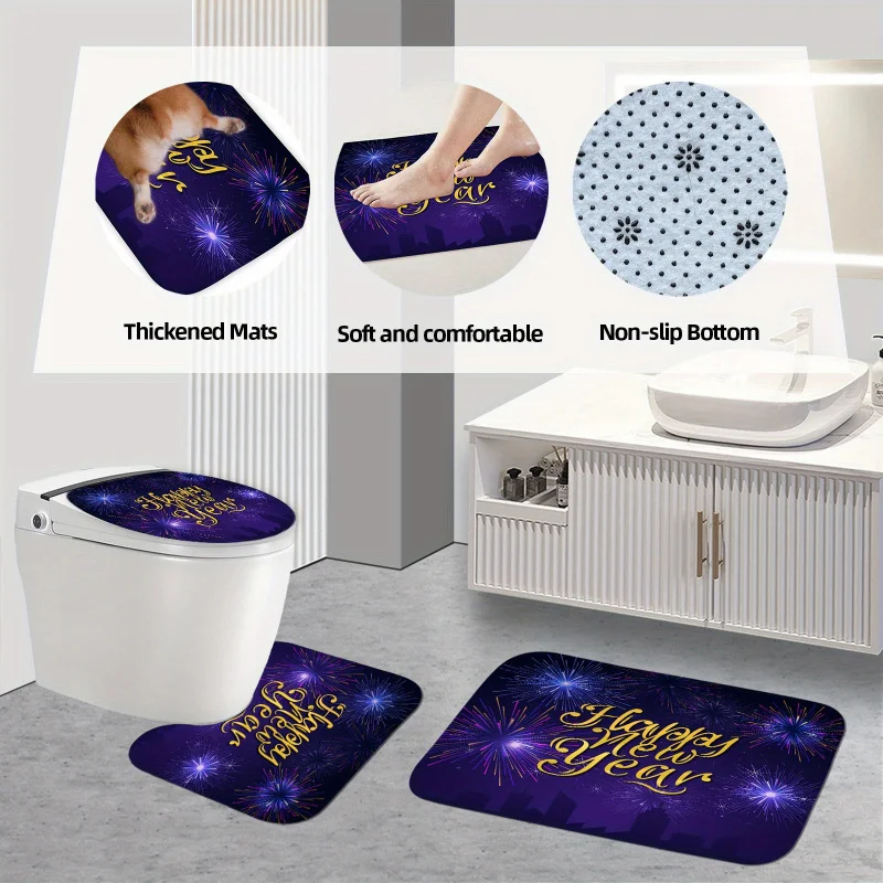 Happy New Year 4pcs Set with Fireworks Design - Includes Waterproof Shower Curtain, Non-Slip Bath Mat, U-Shaped T