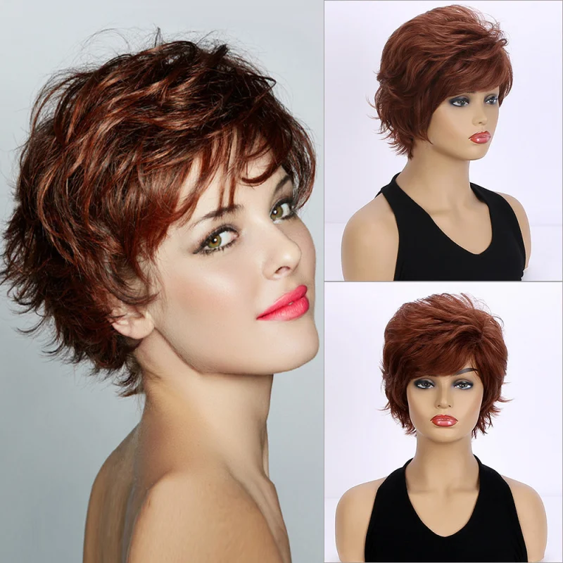 European American women's red-brown wig, voluminous and slightly wavy short hair, versatile styling headpiece