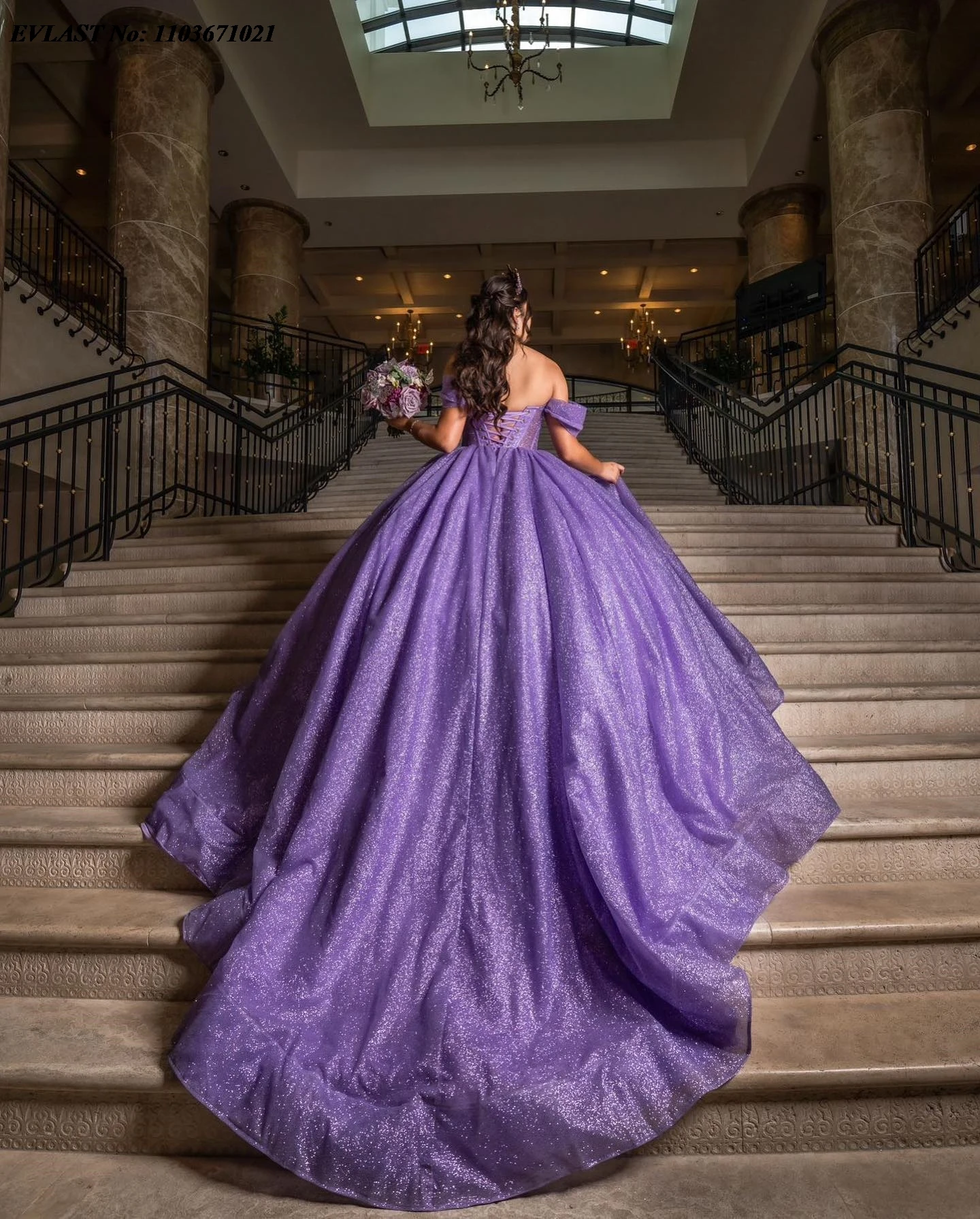 EVLAST Personalizzato Viola Abito Quinceanera Abito di Sfera Lucido Applique Che Borda Spalle Scoperte Corsetto Dolce 16 Abiti De Anos SQ368