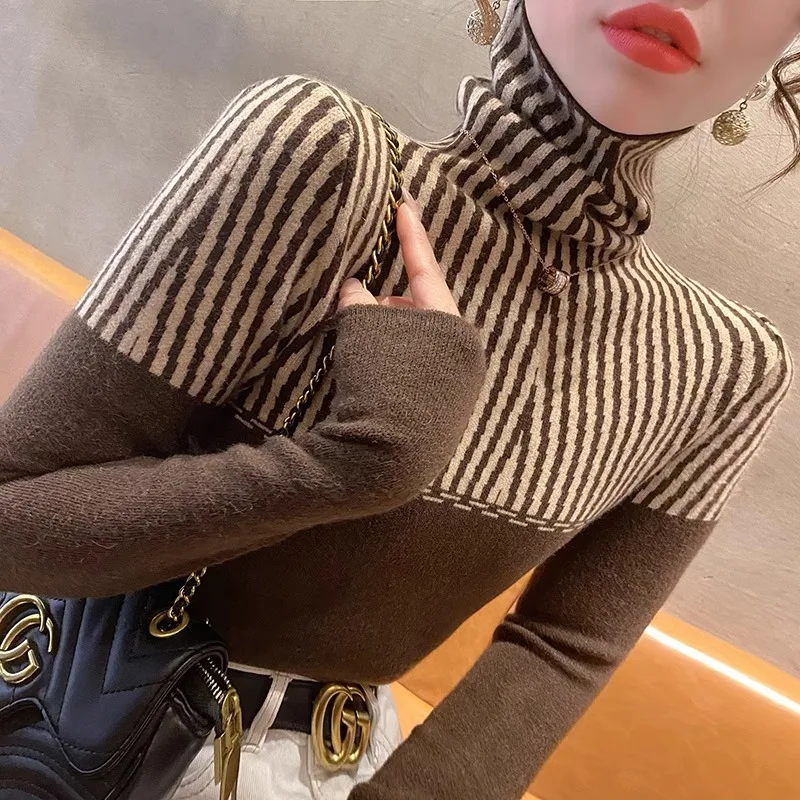 Autumn Winter Fashion All-match Half High Collar Long Sleeve Pullovers Women Clothing Elegant Slim Striped Knit Sweater Chic Top