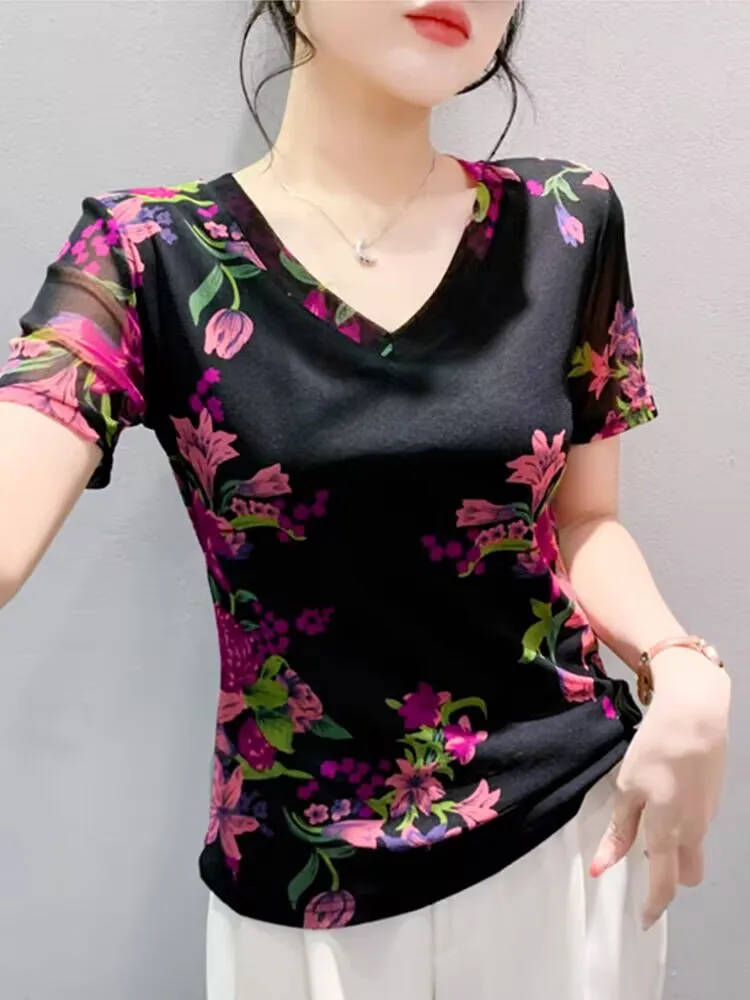 2024 New Arrival Elegant Female T-shirt Summer Woman S-3XL Short Sleeves Printed Flowers Art High Street Retro Dress To Kil