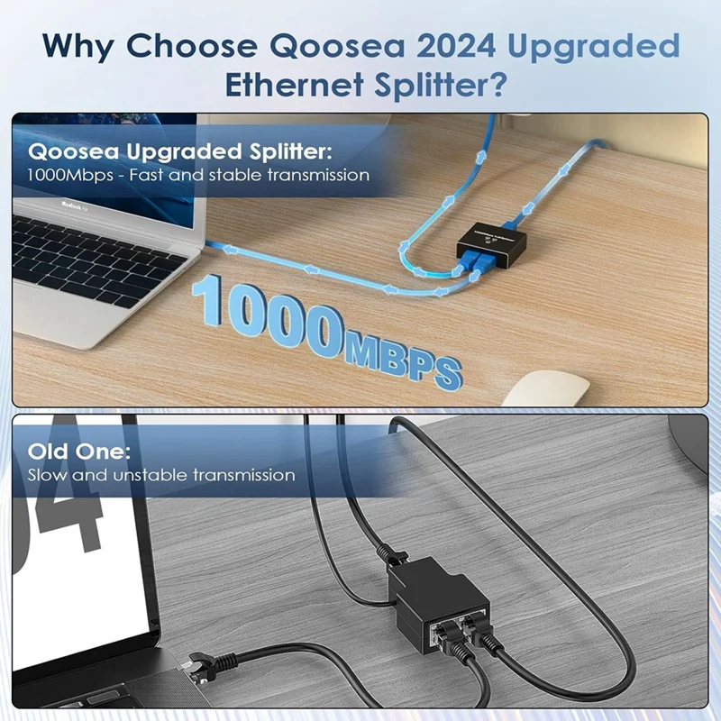 Ethernet-Splitter 1 bis 2 Hochgeschwindigkeits-Ethernet-Switch 1000 Mbit/s 2-Port-Gigabit-Ethernet-Splitter Splitter mit Netzkabel