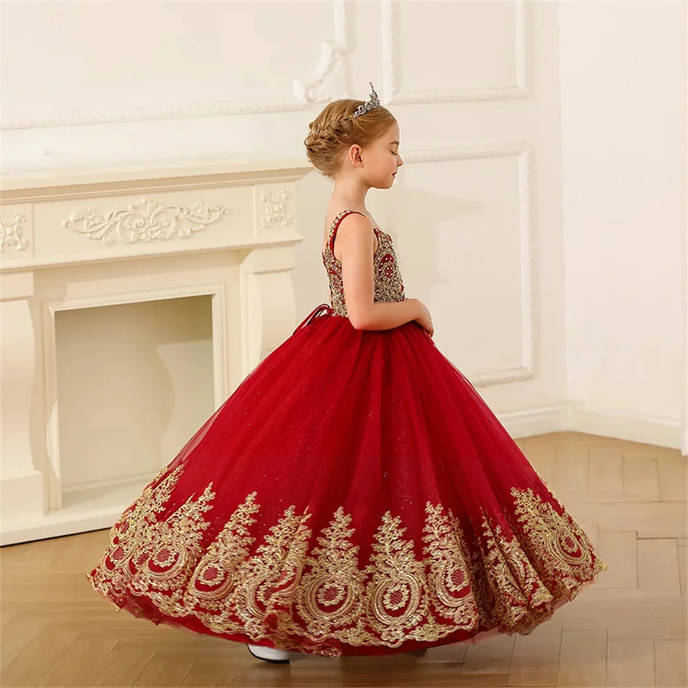 Red Fower Mädchen Kleid Applikation Tüll ärmellose Pailletten elegante Geburtstags feier Kleid für Hochzeit Kinder Erstkommunion Ballkleider