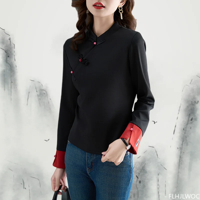 Chinese Style Chi-pao Collar Design Button Tops New Year 2024 Spring Women Date Girls Elegant Retro Shirt Blouse Vintage