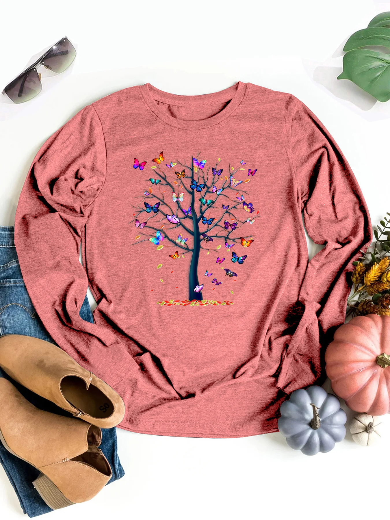 Plus-Size Women\'s Autumn/Winter Long Sleeve T-Shirt, Beautiful Colorful Butterfly Tree Print, Retro Neutral Casual Style, Round