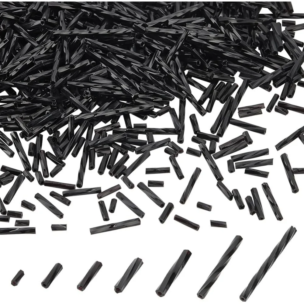 1390pcs 7 Sizes Black Twisted Bugle Beads Glass Bugle Beads 4 5 9 12 15 20 25mm Long Tube Seed Craft making kit