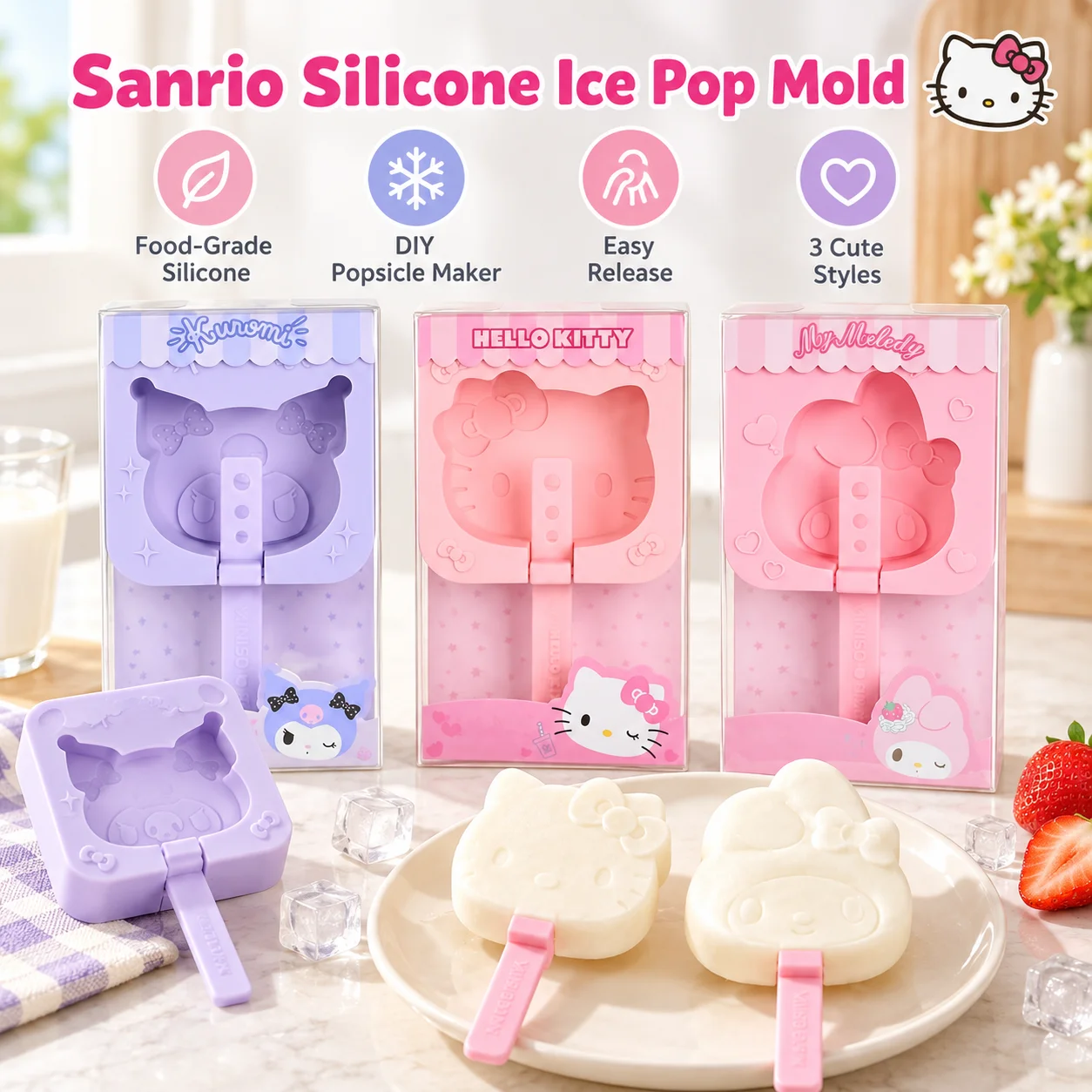 Sanrio Silicone Ice Pop Mold Food Grade Reusable Cartoon Popsicle Maker DIY Ice Cream Mould Easy Release