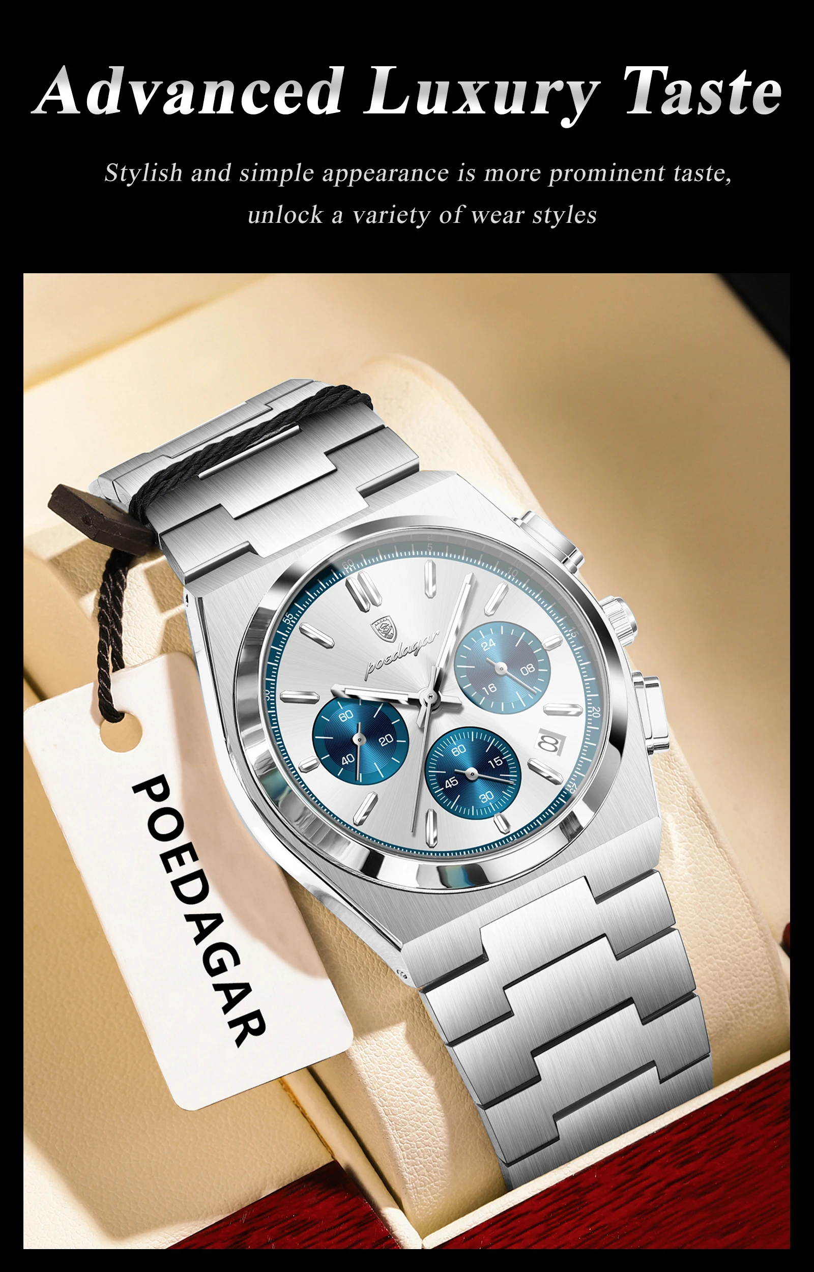 POEDAGAR Top Mode Mann Armbanduhr Chronograph Datum Edelstahl Business Männer Uhr Wasserdicht Leucht männer Quarz Uhren – Detail 5