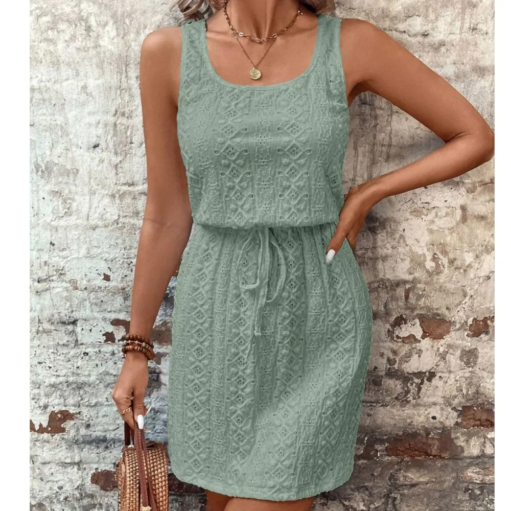 Drawstring Lace Solid Color Dress Summer Women's Loose Casual Comfortable Hollow Holiday Sleeveless Square Collar Short Dress