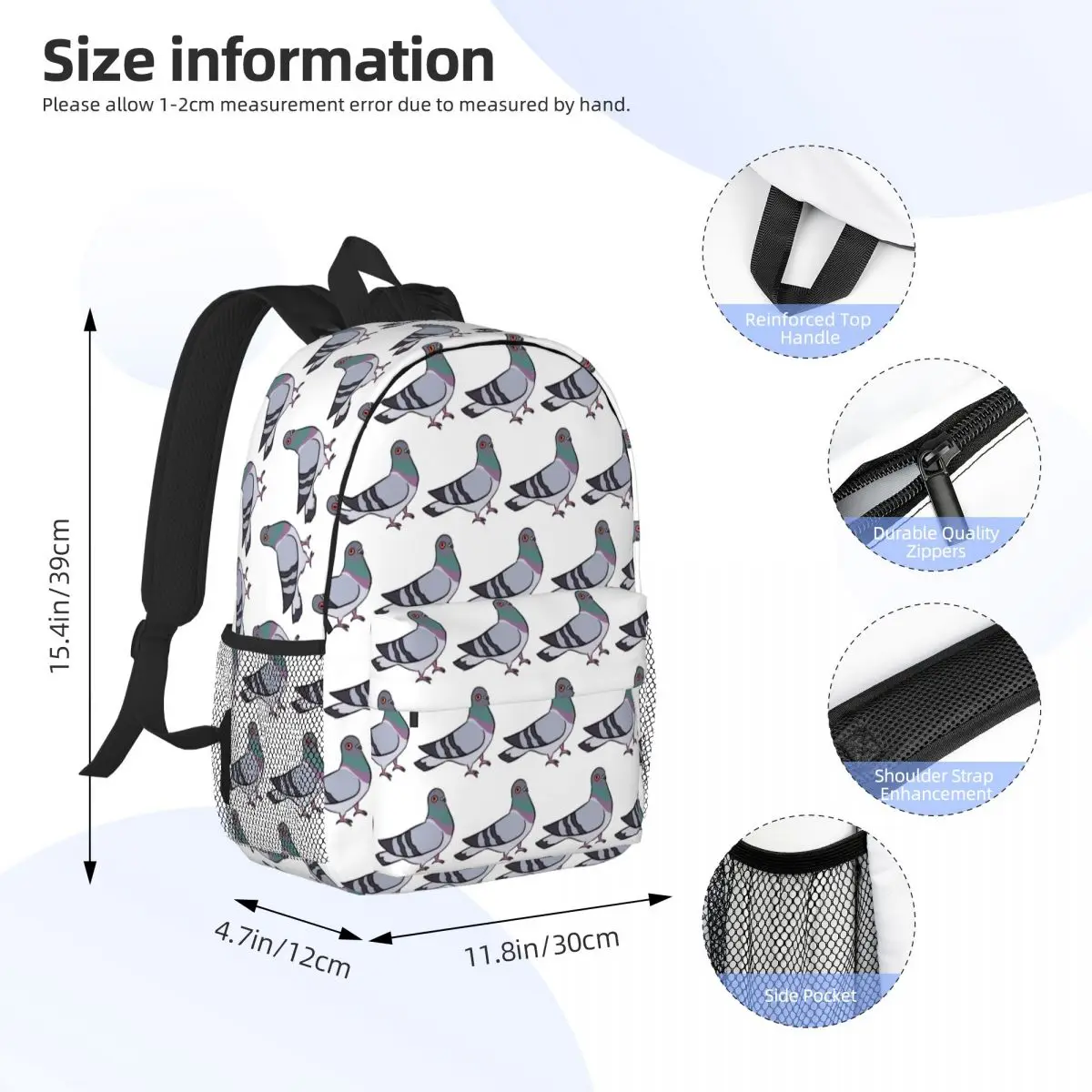 Pigeon Themed Pattern Backpack Daypack Large Capacity Boys Girls BookBag Shoulder Bags for Men Women Children School Bag