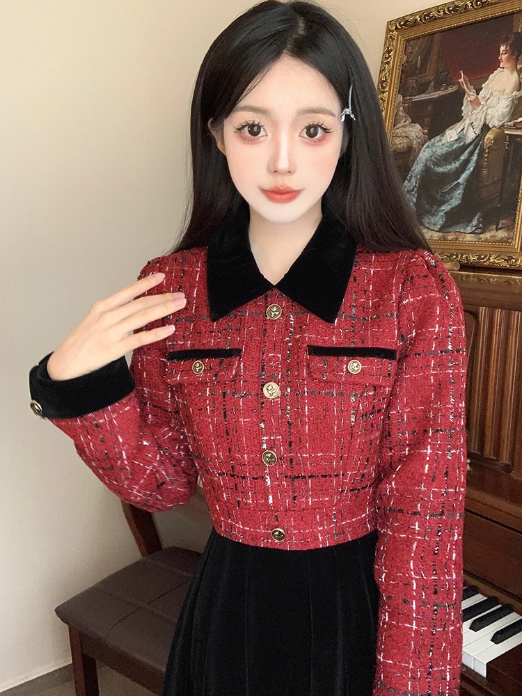 Women Red Plaid Patchwork Black Velvet Fake Two Piece Dress 2024 Korean Elegant Casual Home Dress Autumn Winter Bodycon Vestidos