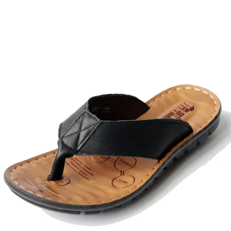

2025 Shoes Leather Men's Flip Flops Shoes Outdoor Beach Casual Flat Slippers Trend Flat Non-slip Clip Toe Sandalias Large Size