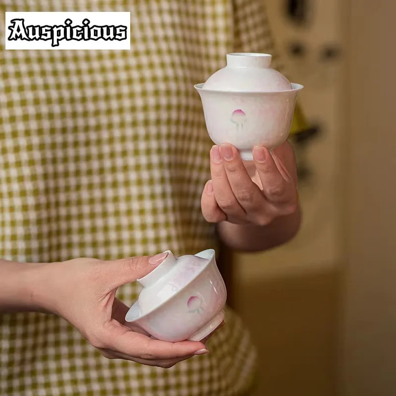 Pure Hand-painted Peach Powder Tea Tureen Small Ceramic Cover Bowl Tea Maker Gaiwan Single Kungfu Tea Porcelain Hand Grasp Bowl