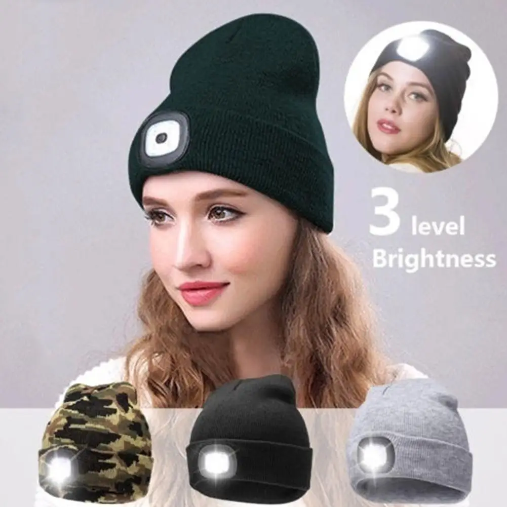 LED Lighted Beanie Cap Unisex Led Knitted Beanie With Head Lamp USB Rechargeable Flashlight LED Beanies Knit Hat Fishing Caps