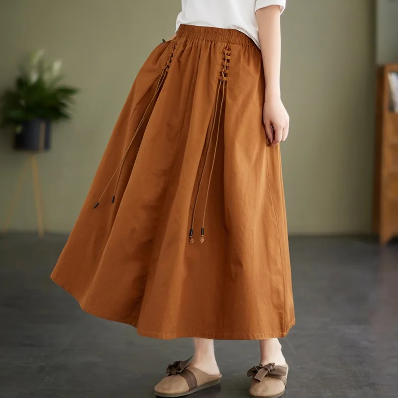 100% Cotton Women Casual Long Skirt New Arrival 2024 Summer Vintage Style Solid Color High Waist Female A-line Skirts B3653