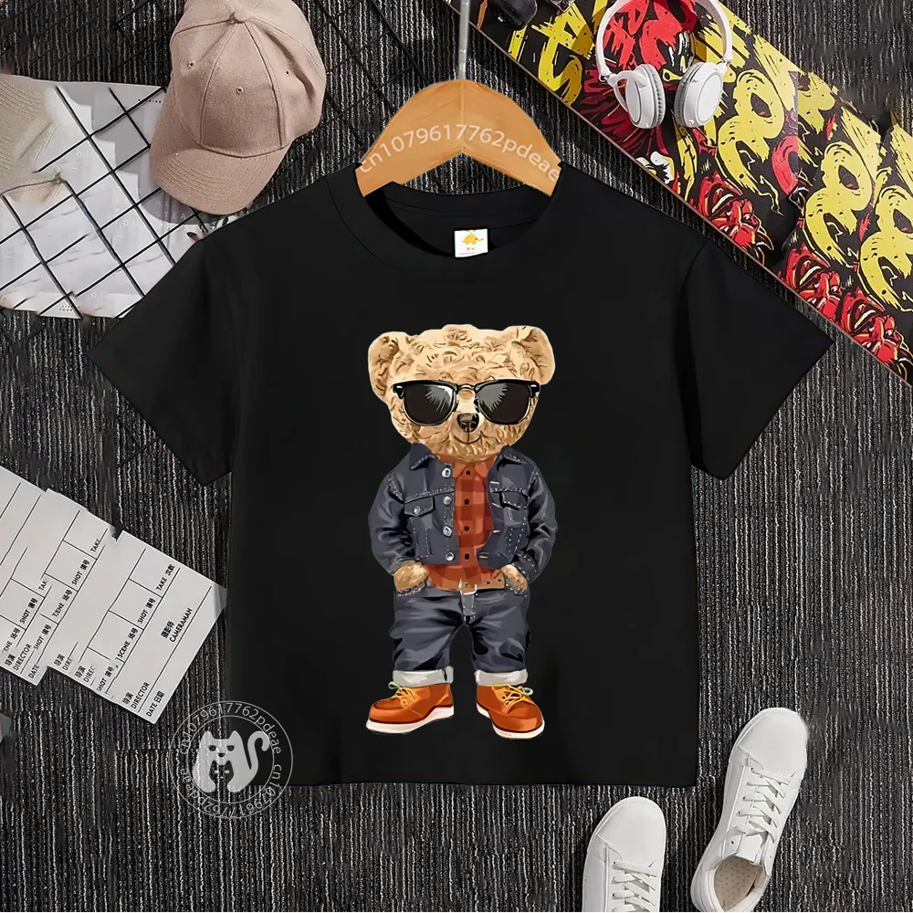 Teen Hip Hop style 100% cotton T-shirt Baby Baby Street Bear pattern round neck cotton T-shirt boys and girls casual children\'s