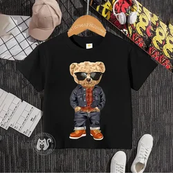 Teen Hip Hop style 100% cotton T-shirt Baby Baby Street Bear pattern round neck cotton T-shirt boys and girls casual children's