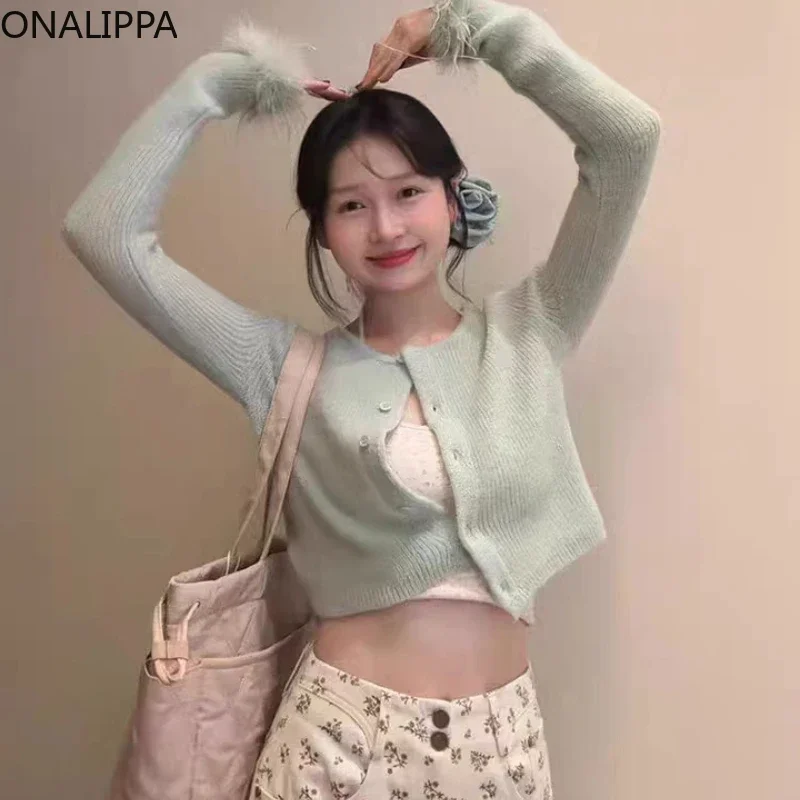 Onalippa Small Fresh Mint Green Cropped Cardigan Women Gentle Wind Solid Rough Edges Long Sleeve Cardigans Korean Sweet Sweater