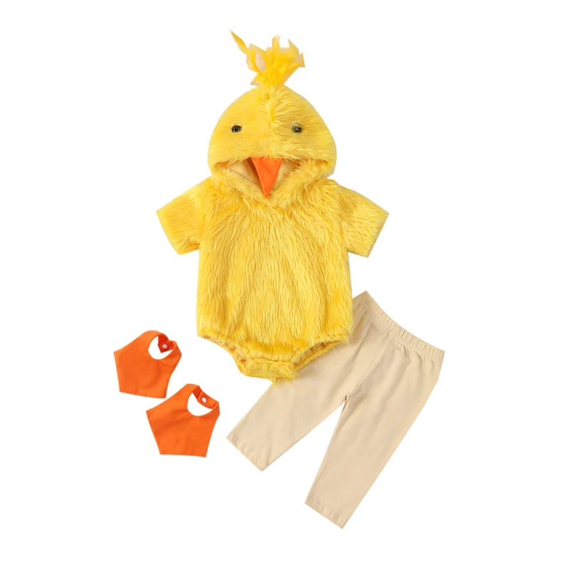 Baby Girl Boy Chick Costume Fleece Short Sleeve Hooded Romper Pants Foot Covers 4 Piece Set for Halloween Party