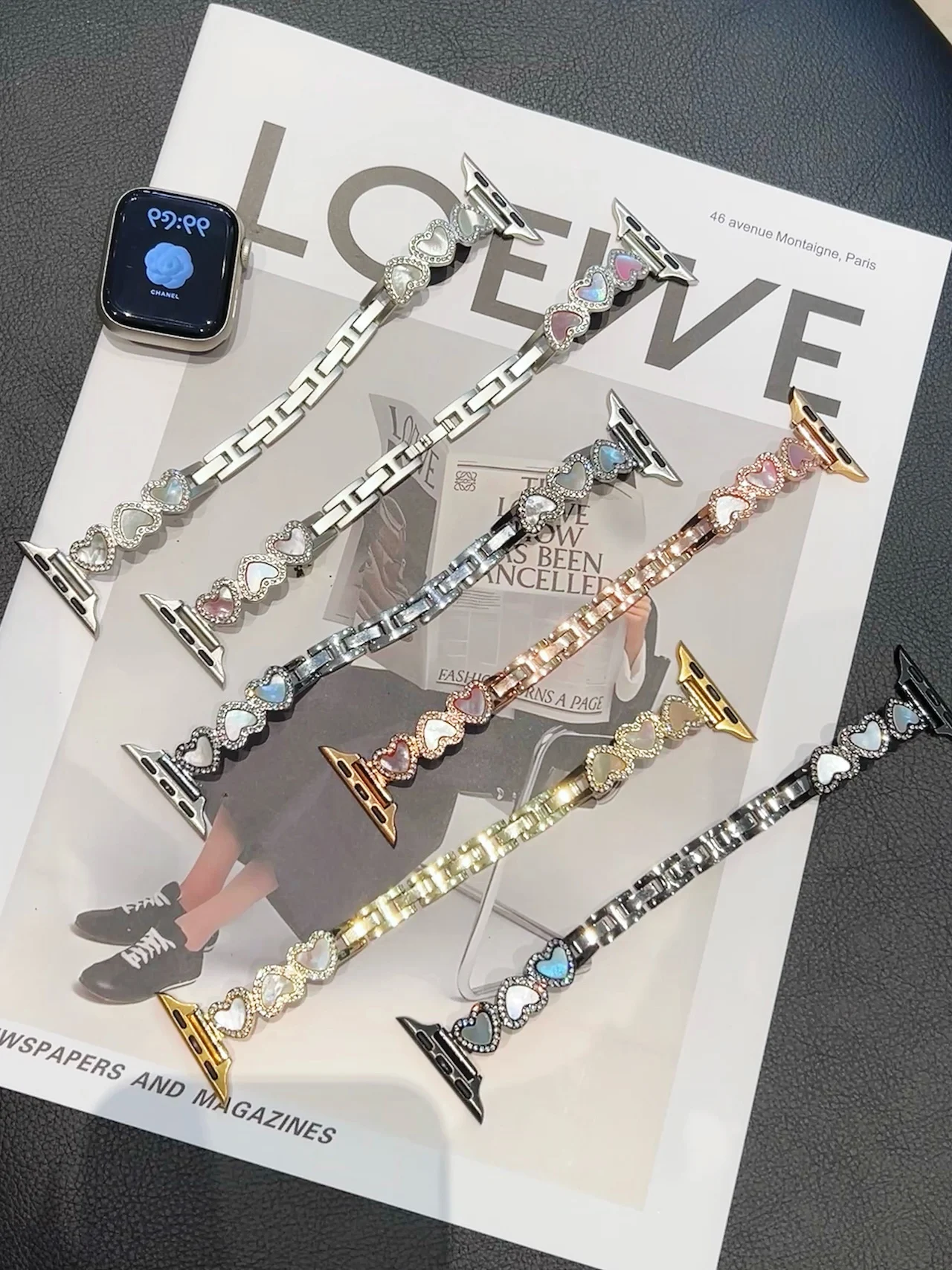 

Металлический ремешок для Apple Watch с милыми стразами в форме сердца, 46 мм, 45 мм, 44 мм, 42 мм, 41 мм, 40 мм, 38 мм, роскошный серебристый браслет MOP для iWatch.