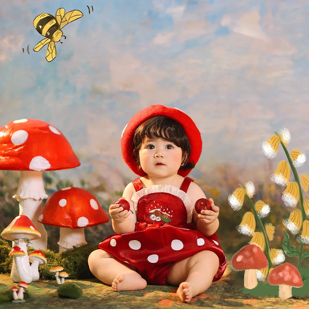 Baby Girl Clothes Photography Outfits Cute Mushroom Picking Theme Red Mushroom Style Halter Dress Beret Studio Shooting Costumes