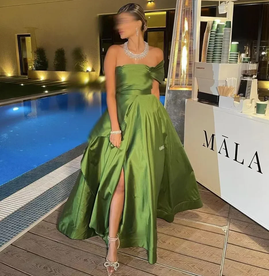 

Women Green Evening Dress One Shoulder Side Split Prom Gowns with Floor Fold Sleeveless Elegant Party Dresses 2024