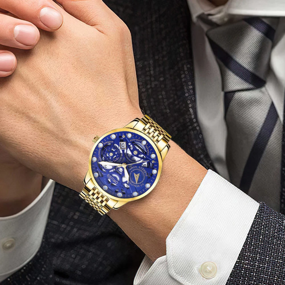 ORUSS оригинальные мужские часы из нержавеющей стали с двойным календарем, водонепроницаемые светящиеся роскошные золотые часы, модные кварцевые мужские наручные часы, новое поступление