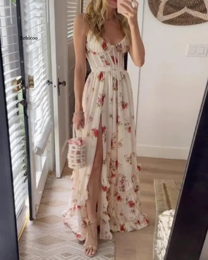 

Women Maxi Dress Chic Summer Luxury Printed V Neck Slim Nipped Waist Backless Slit Ruffled Irregular Party Dresses