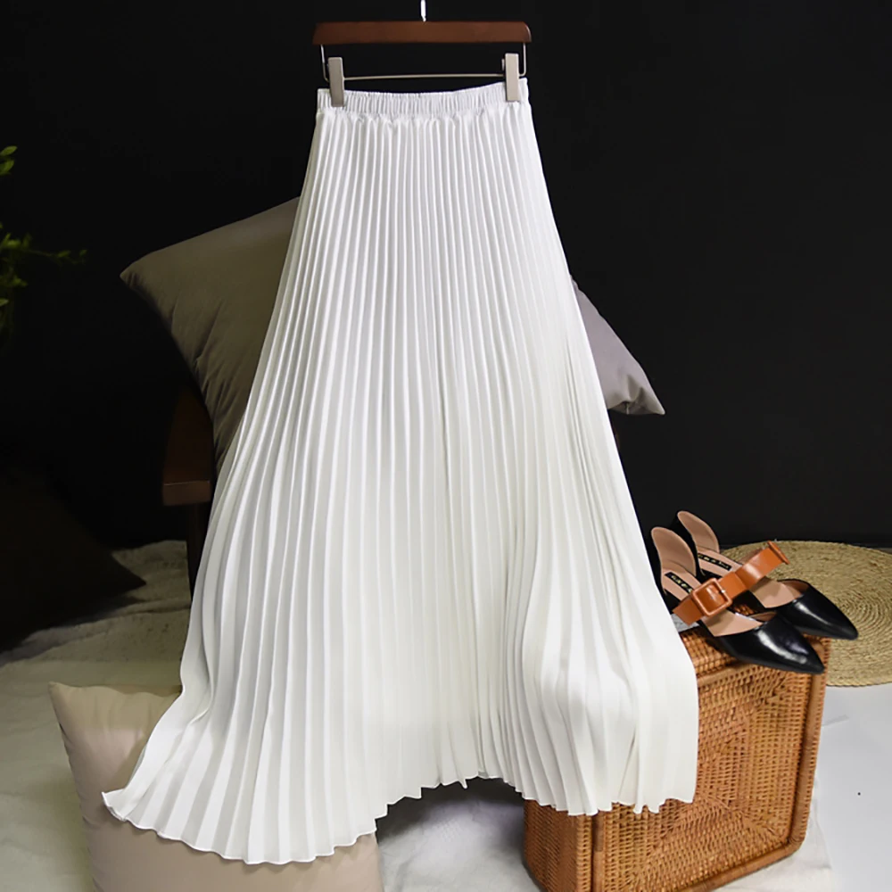

Satin Long Skirts Women Skirt Fashion Versatile Solid High Waist Big Swing Elegant Accordion Pleated Skirt 18 colors available