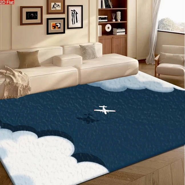 Minimalist Retro Vintage Airplane Cloud Sky carpet flooring, Simple Illustration Aviation Theme Print Area Rug for Living Room Bedroom Home Decor