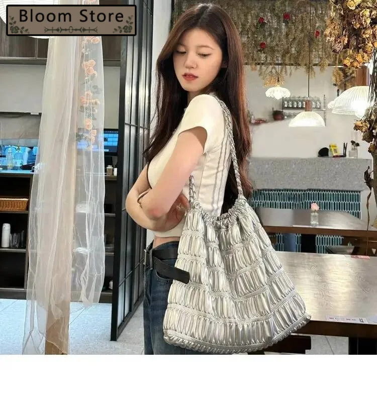 

JAIERDI Folds Sier Handbag Women 2023 Summer New Large Capacity Casual Tote Female Vintage Solid Shoulder Bag Y2k