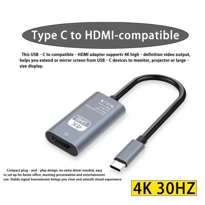 Cable for MacBook Pro iPad Air Laptop Monitor Proje4K Type‑C to Compatible‑HDMI Video Output Adapterctor