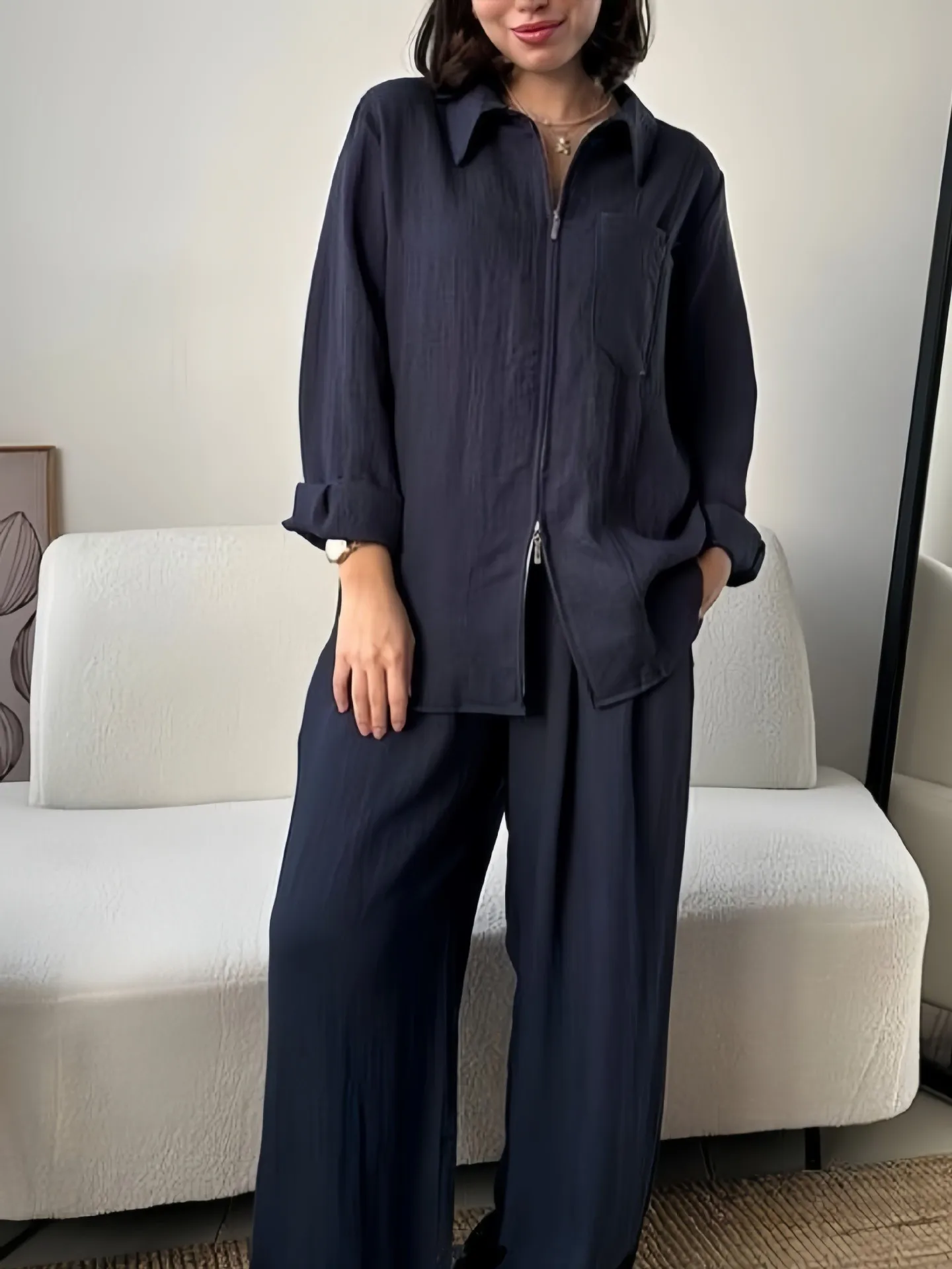 

Fashion Commuter 2 Piece Set Loose Lapel Zipper Pocket Long Sleeve Top Wide Leg Pants Set Casual Solid Color Women's Suit